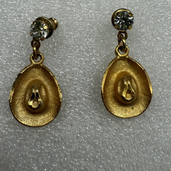 Vintage Gold colred cowboy hat earings with cubic zirconia - Picture 2 of 5